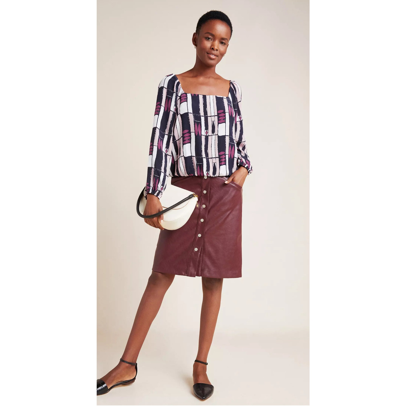 Anthropologie The Odells Eloise Purple Abstract Elastic Waist Blouse Size Small